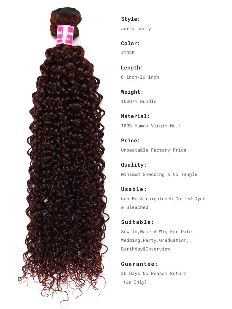 The UNice Mahogany Red Brown Jerry Curl 3Pcs 100% Remy Human Hair Bundles image highlights Style, Jerry curly, Color, #T33B, a diagram of the curly hair styles and jerry.