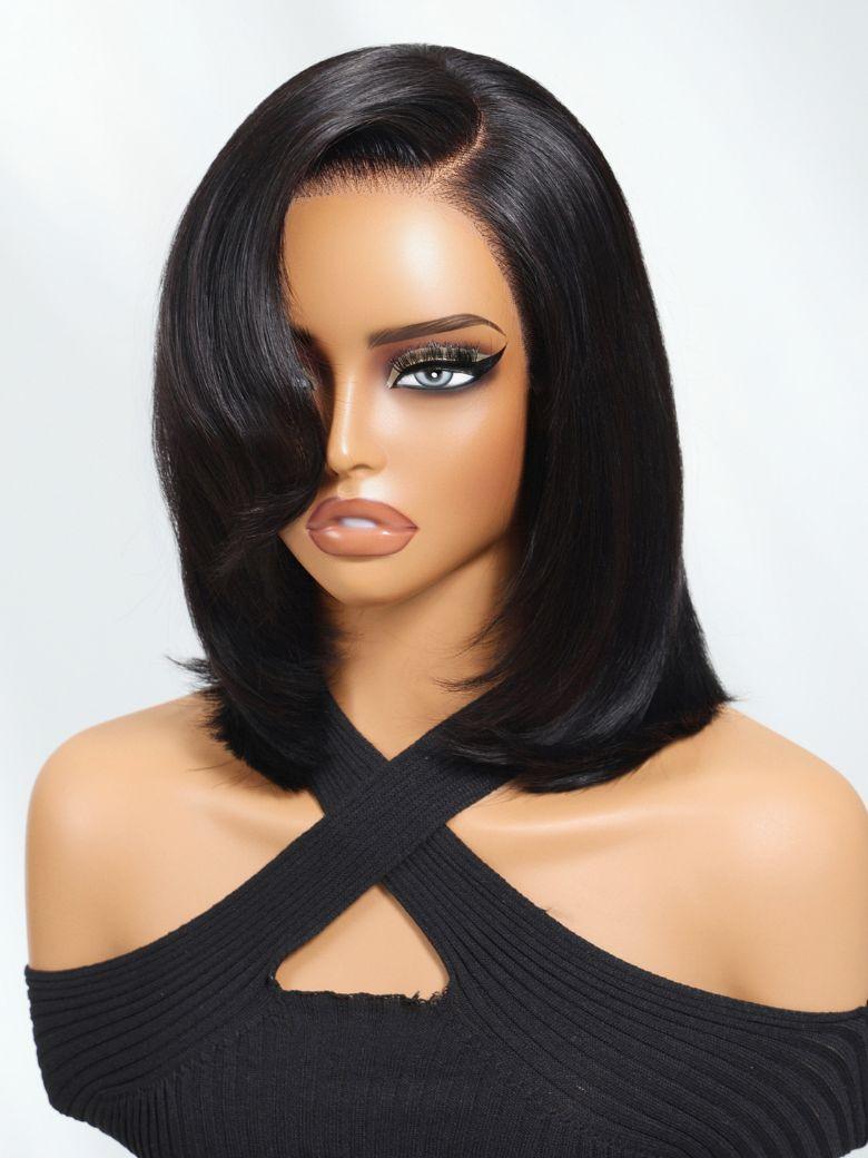 A model displays the UNice Bye Bye Slip 7x5 Lace Side Part Layered Wig With Side-Swept Bangs with, showing a model wearing a black wig and 7x5, lace finish, drawstring.