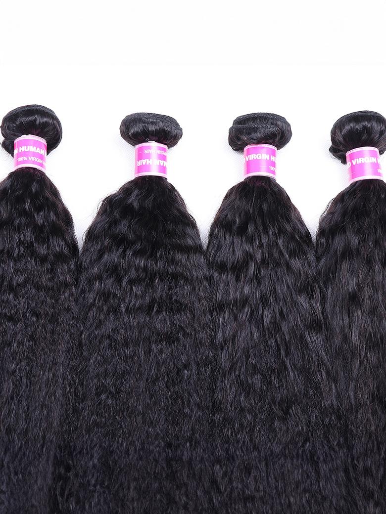 The UNice 4Pcs Kinky Straight Remy Human Hair Bundles image highlights HUMAH, 100%VIRG, VIRGII, AIF, three bundles of virgin hair and kinky straight texture, straight.