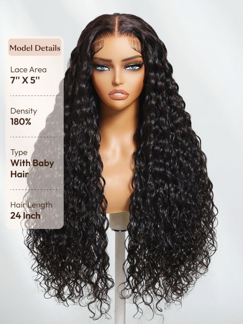 The UNice With Baby Hair 7x5 Bye Bye Knots Glueless Lace Water Wave Grip Wig With Secure image highlights Model Details, LaceArea, 7"X5", Density, full lace wigs.