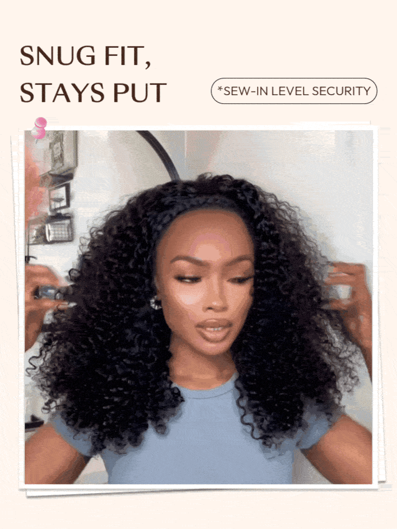 A model displays the UNice Half Wig MeltLine Burmese Curly with Finger Coily Ends Beginner Friendly with, showing a model with long curly hair is shown in the image.