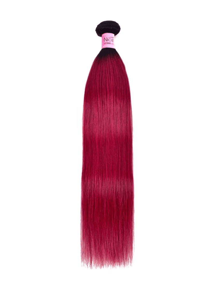 The UNice Pre-Colored Human Hair Weave #TB Burgundy Color Body Wave & Straight Hair bundles image highlights NICe, a red hair extension with a black headband and body.