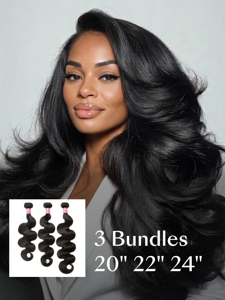 A model displays the UNice 3 Pcs Brazilian Body Wave Bundles - Full Install Ready, 100% Virgin Soft Human, showing 3 bundles brazilian virgin hair bundles and body wave.