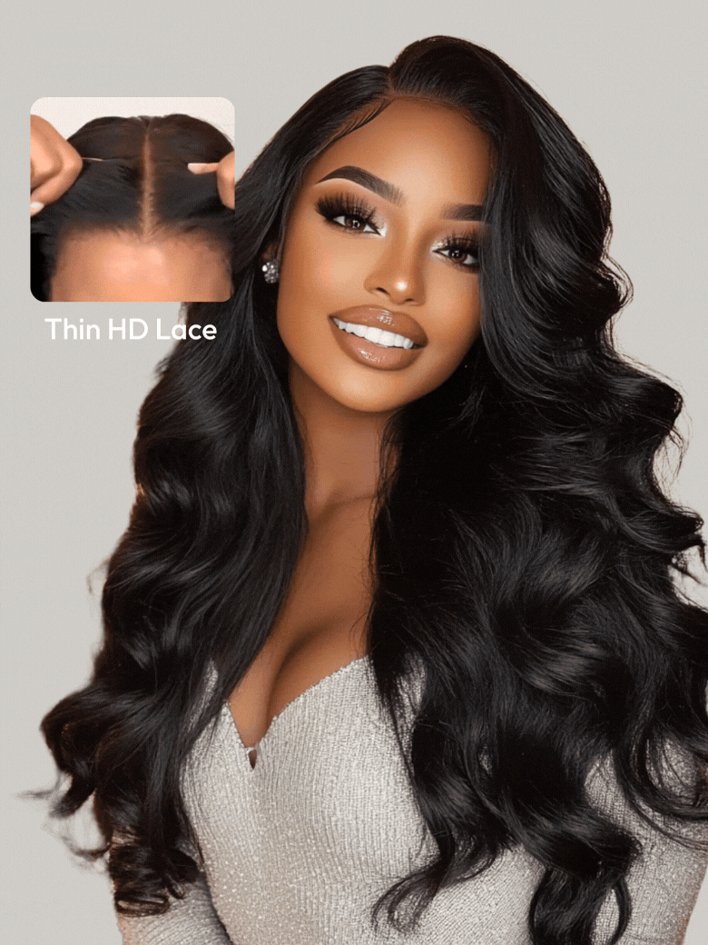 The UNice Pay 22" Get 24" 13x4 HD Lace ByeBye Cap Invisible Lace Wig Frontal Body Wave visual image position 3 shows a model with long black hair and a white background.