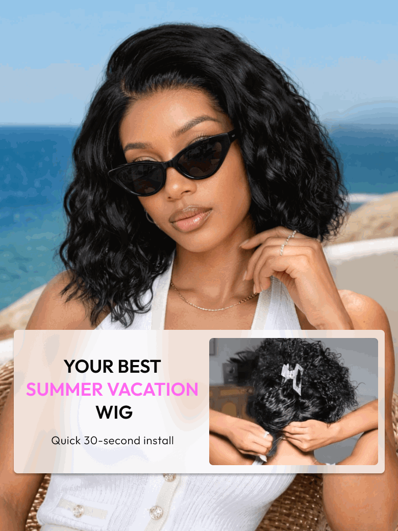 A model displays the UNice Allofdestiny Same UNice Bye Bye Slip 6x4 Glueless Lace "C" Side Part Loose wig, showing a woman wearing sunglasses and a white top and 6x4.