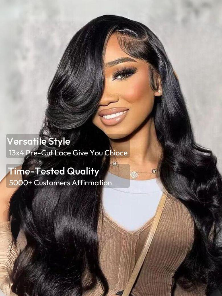 A model displays the UNice Invisi Drawstring UNice 13x4 Pre-Everything Transparent Lace & HD Lace Front wig, showing virgin virgin hair body wave wigs with baby hair.