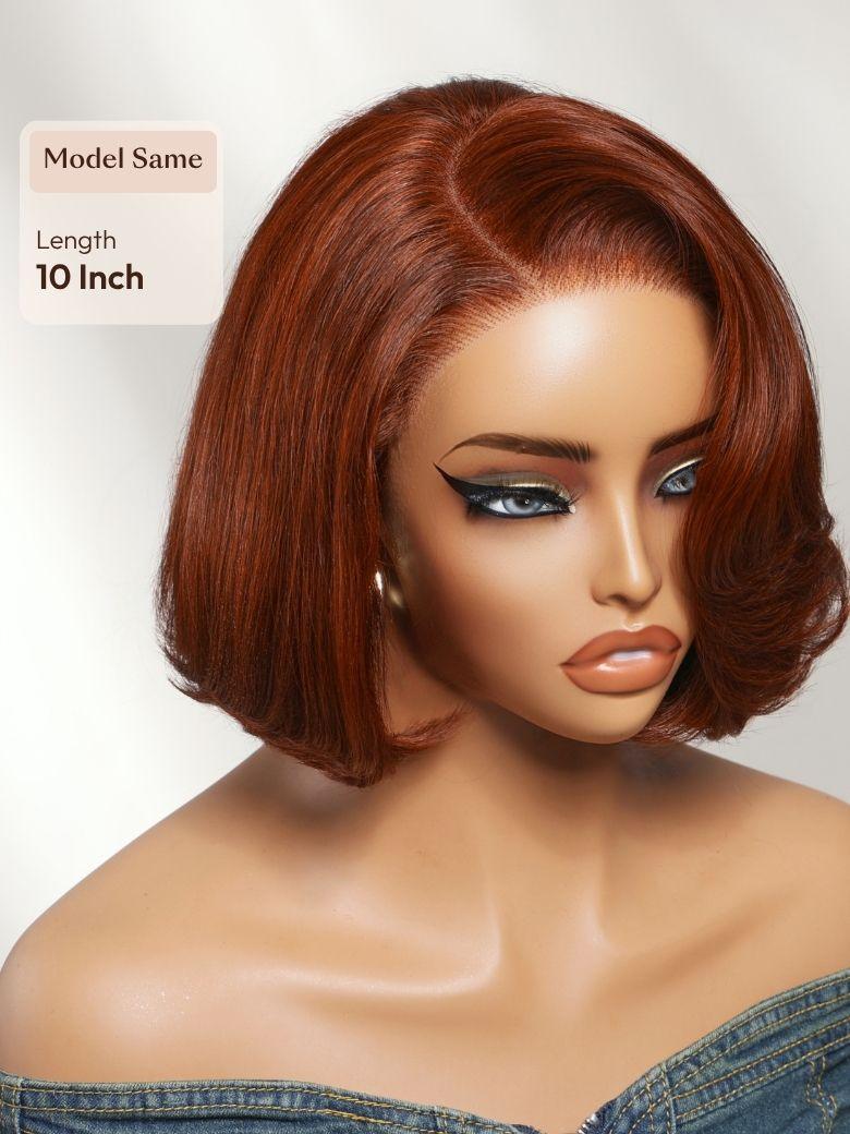 A model displays the UNice 7x5 Bye Bye Slip Lace Copper Auburn Side Part Blowout Bob Glueless Wig with, showing a model with a short red haircut and 7x5, glueless wear.