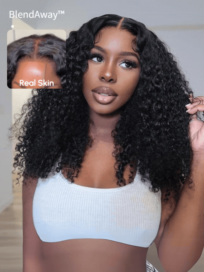 A model displays the UNice 7x5 Bye Bye Slip Glueless Lace Natural Black Curly Wig With Babyhair - Put &, showing a model with long curly hair and a white top and curly.