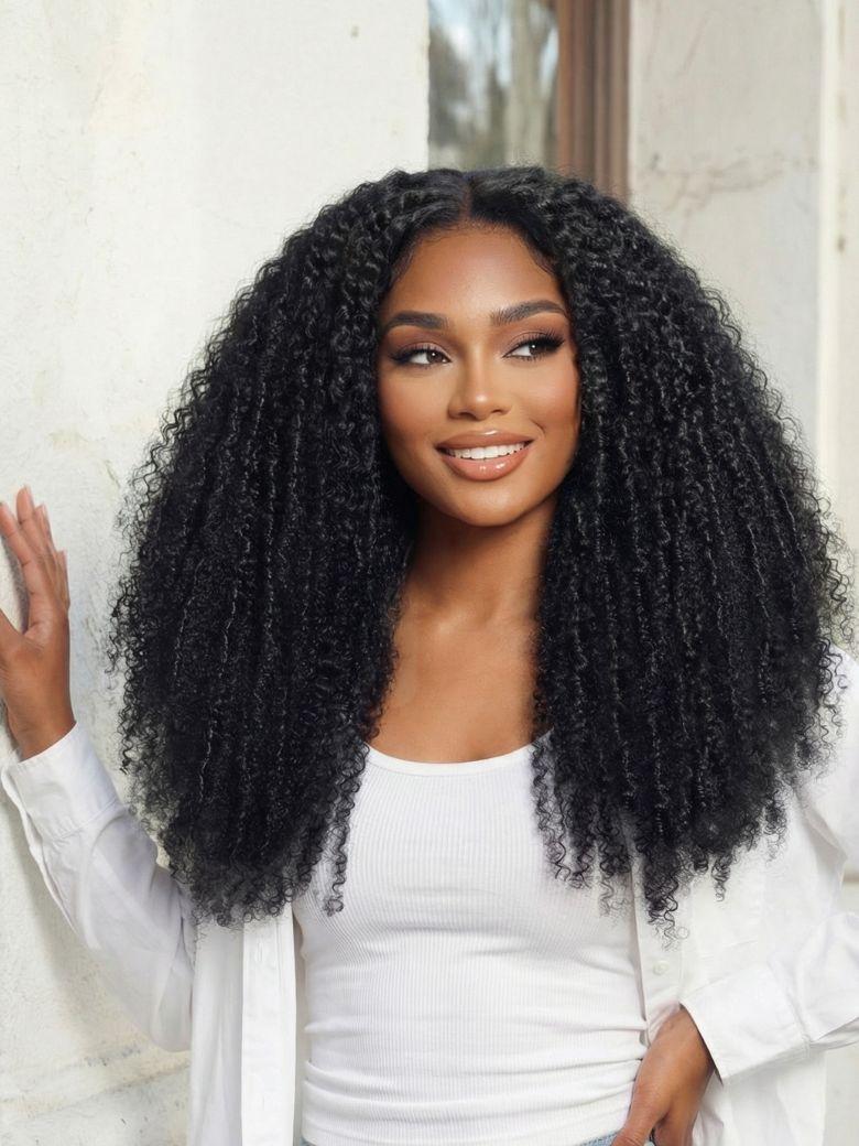 The UNice 7x5 Bye Bye Knots Glueless Lace Middle Part Micro Twist Curly Drawstring Wig visual image position 2 shows a model with long curly hair wearing a white shirt |.