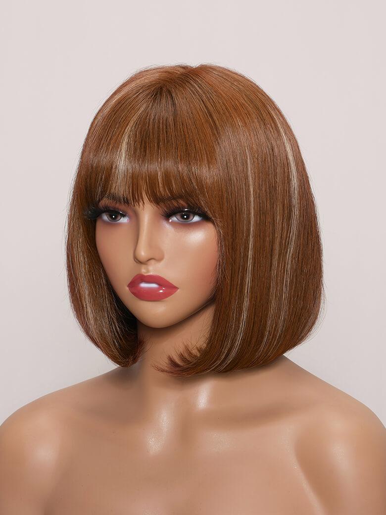 The UNice AMARA -12" MONO STRAIGHT HUMAN HAIR WIG visual image position 4 shows a mann wig with bangs and bangs | straight texture.