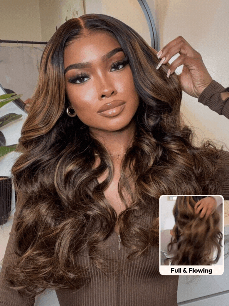 A model displays the UNice Limited Quantity UNice 13x4 Lace Frontal Balayage Highlights Body Wave, showing a model is straightening her hair with a brush and body wave.