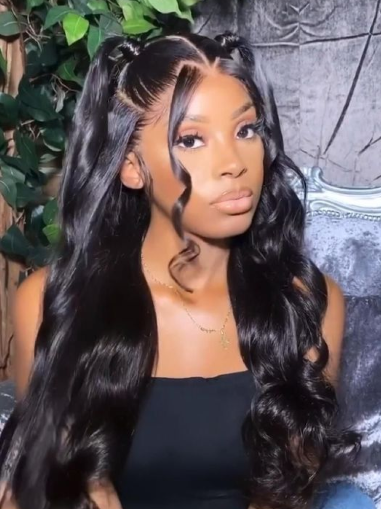 A model displays the UNice 7x5 Glueless Bye Bye Knots Body Wave Wig Pre Cut Lace Pre Plucked Hairline Put, showing a woman sitting on a couch with long hair and body.