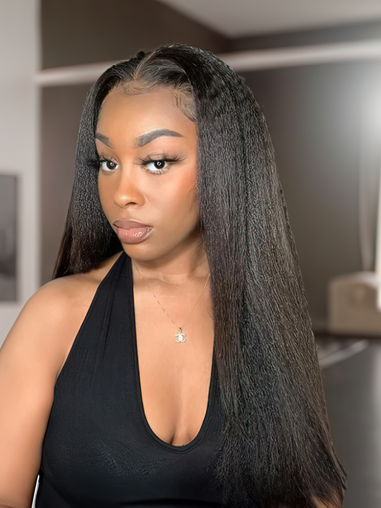 A model displays the UNice Beginner Friendly Kinky Straight U part/V Part 150%-200% Density Glueless wig, showing a model with long hair and a black top and kinky.