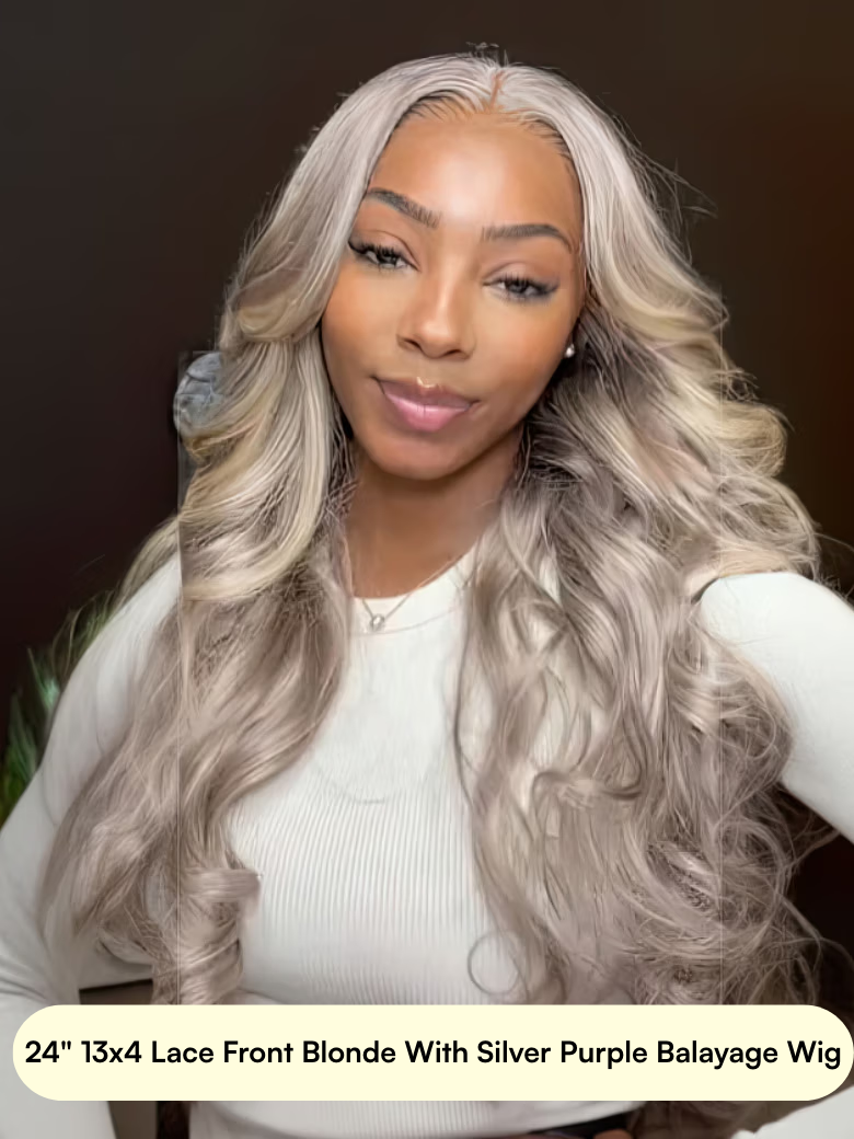 A model displays the UNice Each 24" Lace Wig Only $129, showing a model with long blonde hair and a white sweater and lace finish.