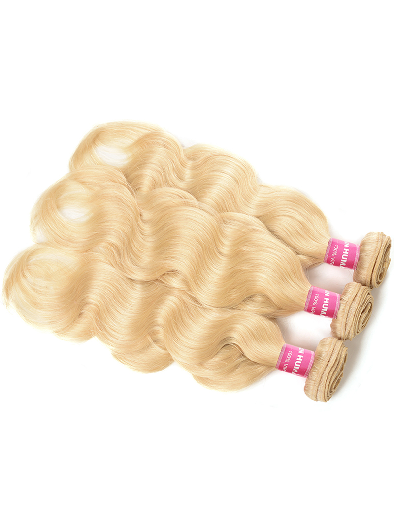 The UNice 3Pcs 613 Blonde Human Hair Weft Body Wave Bundles image highlights 100%VIR, HUM, NHUM, blonde blonde blonde body wave hair extensions and body wave texture.