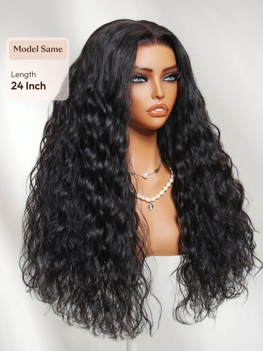 The UNice Invisi Drawstring " 13x4 Pre-Everything Natural Black Micro Water Wave Wig image highlights Model Same, Length, 24Inch, a long wavy wig with bangs and bangs.