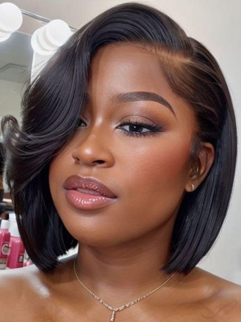 The UNice Bye Bye Slip 7x5 Lace Side Part Layered Wig With Side-Swept Bangs with visual image position 2 shows a model with short hair and a necklace | 7x5, lace finish.