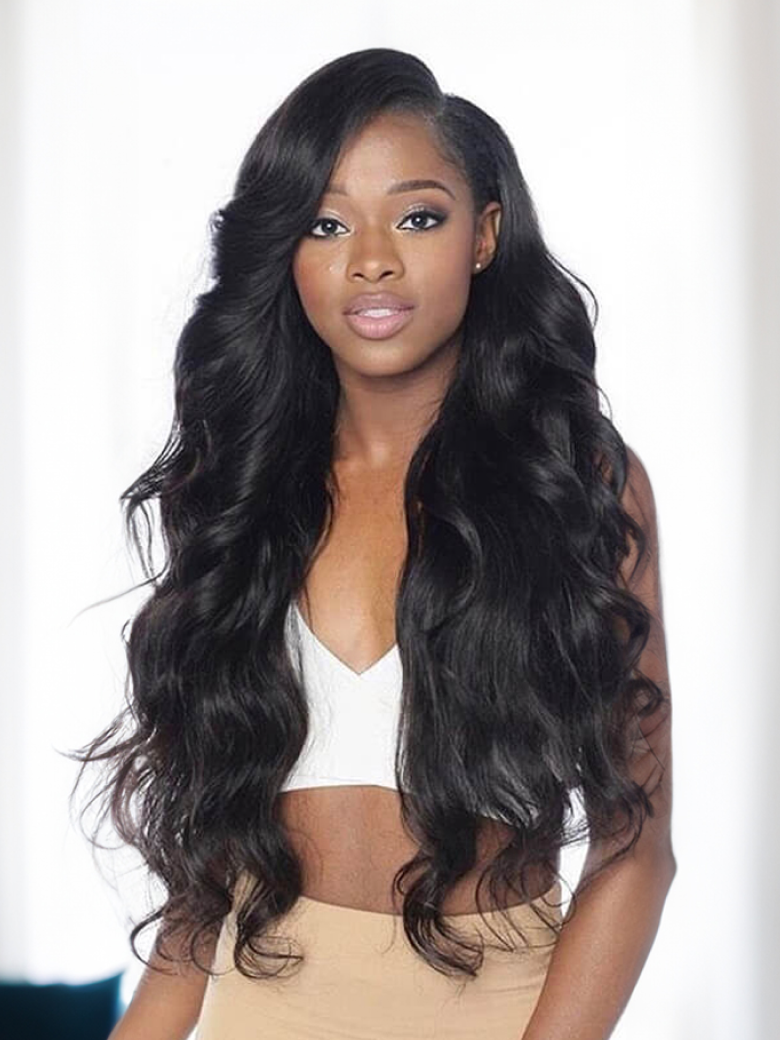 A model displays the UNice Hair Unprocessed 4 Bundles Body Wave Virgin Hair With 13x4 Lace Frontal, showing a model with long black hair and a white top and body wave.