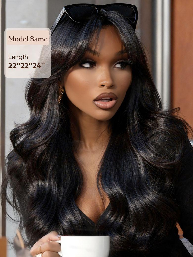 A model displays the UNice Premium Raw Virgin Hair Straight Bundles, showing a model with long black hair and a cup of coffee and straight texture, bundle fullness.