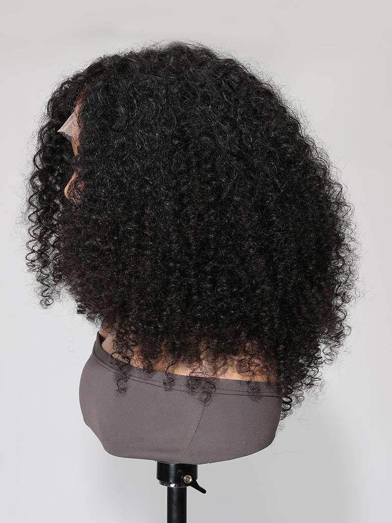 A model displays the UNice 13x4 Lace Front Fluffy Kinky Curly Afro Natural Black Human Hair Wig, showing a model with curly hair and kinky curly texture, curly texture.
