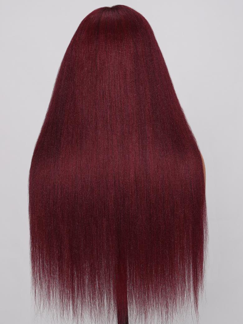 The UNice Bye Bye Knots Wig 7x5 Glueless Lace Burgundy Yaki Wig With Bleached Knots product image shows a wig with long hair on a mann and yaki texture, burgundy, 7x5.