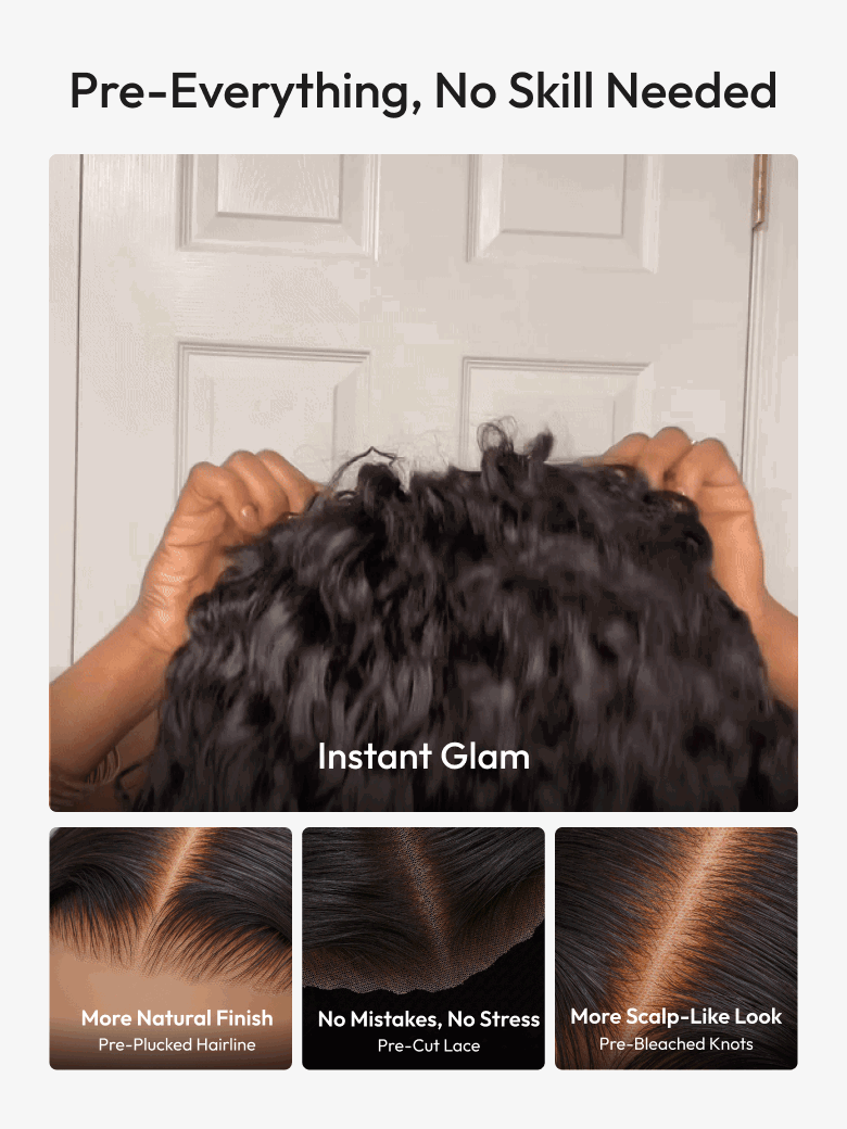 A model displays the UNice 7x5 Bye Bye Slip Glueless Water Wave Drawstring Wig With Baby Hair, showing a model is shown with the hair extensions and water wave texture.