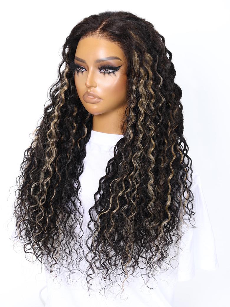 A model displays the UNice Pre-Cut 6x4.5 Lace Black With Blonde Highlights Water Wave Wig 180% Density, showing a model wearing a long curly wig and water wave texture.