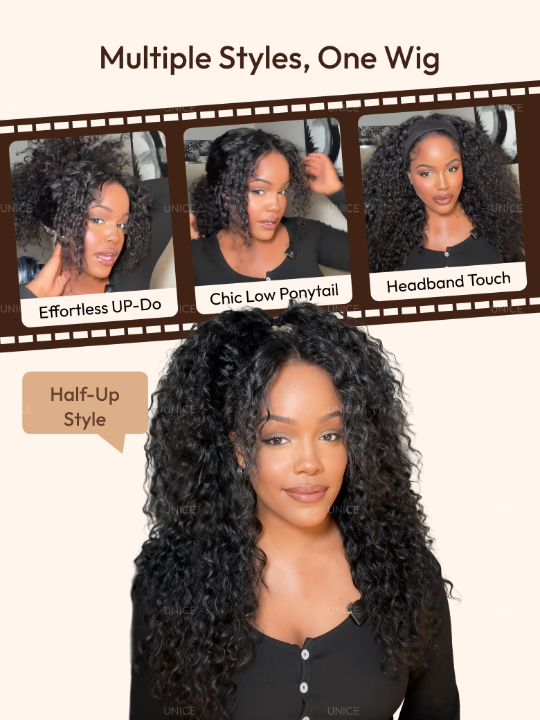 A model displays the UNice InvisiBlend V Part Bouncy Water Wave Curly Seamless Blending Wig With, showing a model with curly hair and a brown background and water wave.