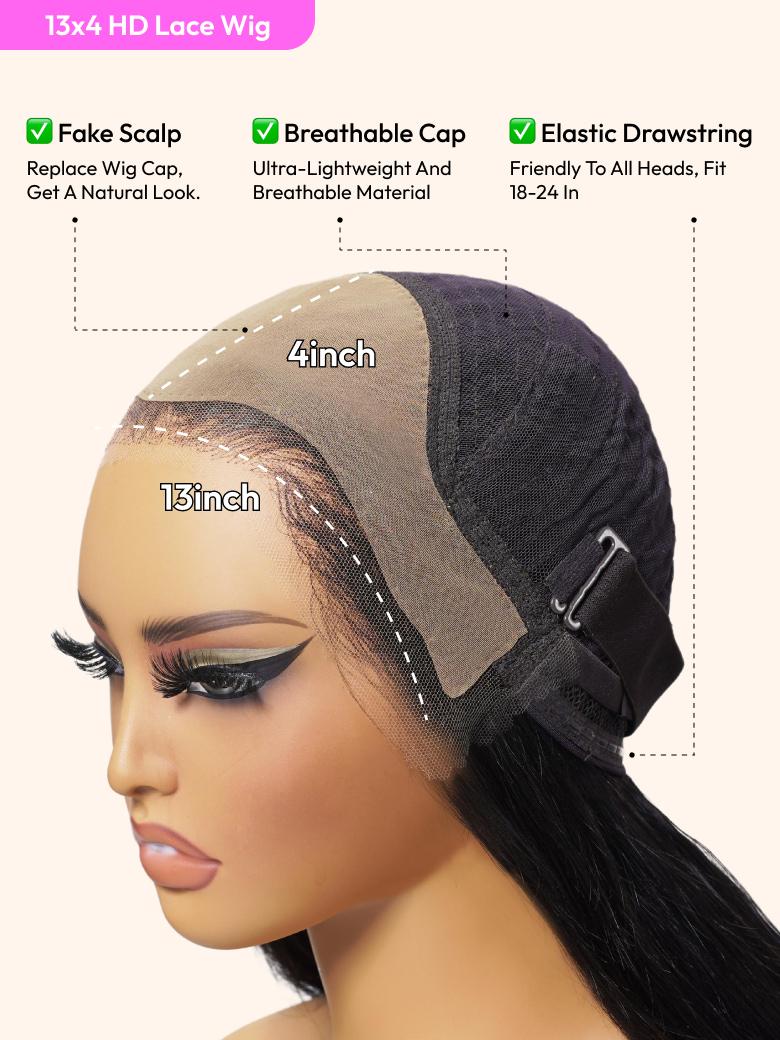 The UNice 13x4 HD Lace ByeBye Cap Real Scalp Invisible Lace Wig Frontal Body Wave Black image highlights 13x4HDLaceWig, FakeScalp, BreathableCap, ElasticDrawstring.
