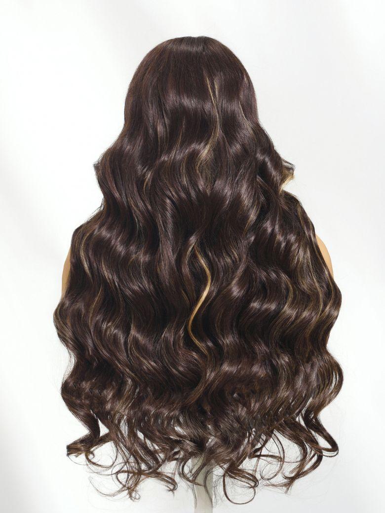 The UNice 18'' Chocolate Brown With Highlights Loose Wave Wig 7X5 Bye-bye knots With visual image position 6 shows a wig with long wavy hair | loose wave texture.