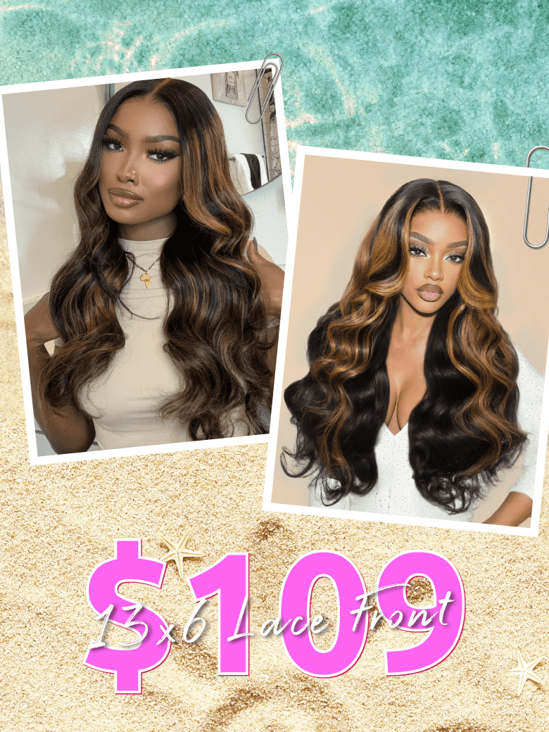 A model displays the UNice 13X6 Balayage Highlight& 7x5 Bye Bye Knots Black with Caramel Blonde wig, showing a model with long hair and a white top and body wave.