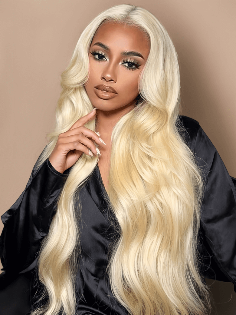 A model displays the UNice 3Pcs 613 Blonde Human Hair Weft Body Wave Bundles, showing a model with long blonde hair wearing a black top and body wave texture, 613.