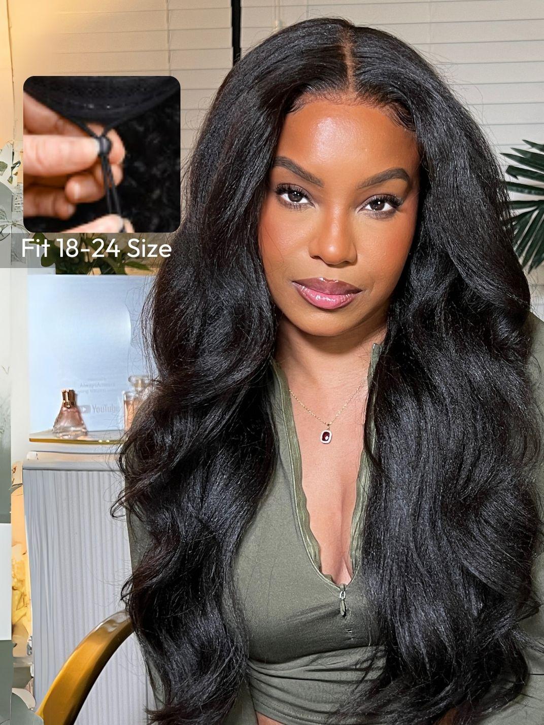 A model displays the UNice EasiContour V Part Glueless Yaki Straight Wig Invisi Drawstring Human Hair, showing a model with long black hair and a green shirt.