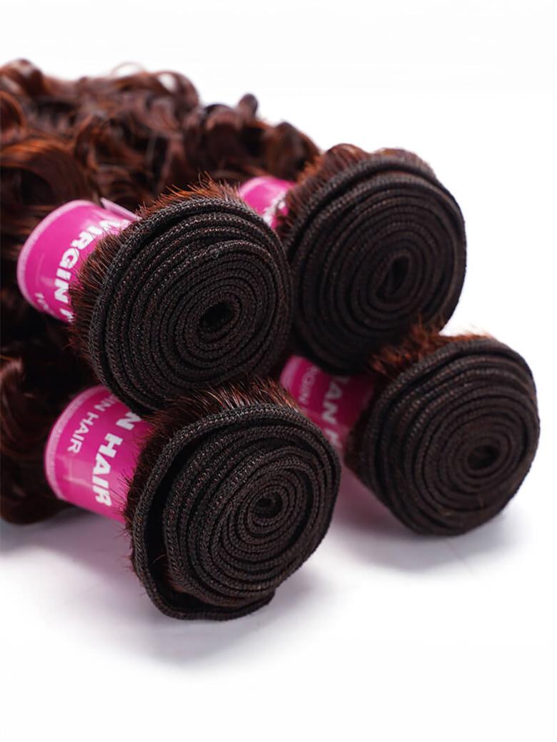 The UNice Dark Auburn Body Wave Remy Human Hair 4 Bundles With Closure Deal image highlights GIN, HAIR, a pile of brown hair on a white background and body wave texture.