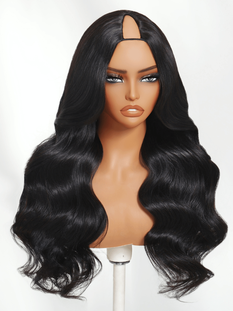 The UNice InvisiBlend V part Natural Black Glueless Body Wave Wig Protect Your Natural Hair product image shows a wig with long black hair and body wave texture, natural.