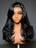 The UNice 200% Density 7x5 Bye Bye Slip Lace Feathered Blowout Wig with Face-Framing product image shows a wig with long black hair and 7x5, lace finish.