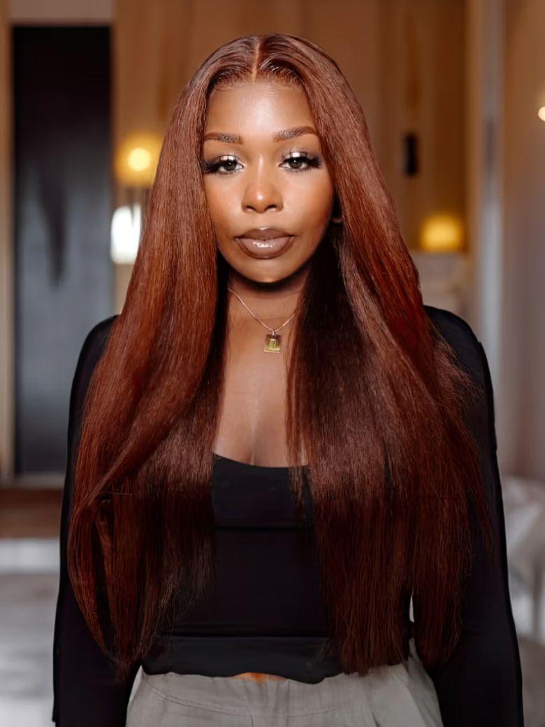 The UNICE $89 Surprise Box Randomly Get 22''-30'' 13x4 Pre-Everything wig Value $329-$499 visual image position 7 shows a model with long red hair and a black top | 13x4.