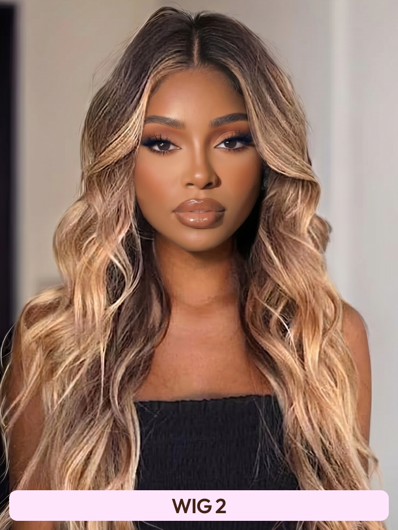 The UNice 13x6 Front Lace 180% Density Honey Highlight 20 Inch wig visual image position 3 shows a model with long blonde hair and a black top | highlight, 13x6, lace.