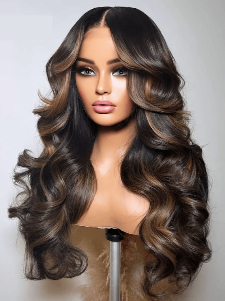 A model displays the UNice 13x4 Pre-Everything Lace Frontal Espresso Brown With Highlights Loose Wave, showing a wig with long wavy hair and loose wave texture.