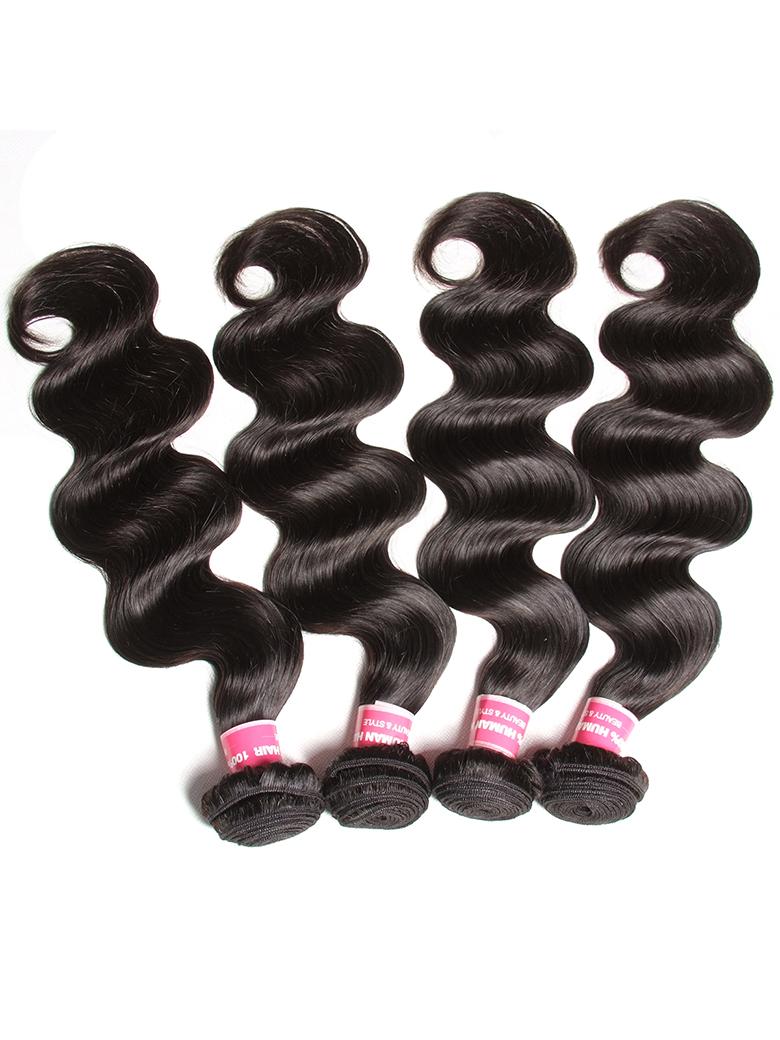 The UNice Hair Unprocessed 4 Bundles Body Wave Virgin Hair With 13x4 Lace Frontal product image shows brazilian body wave hair bundles and body wave texture, 13x4, lace.