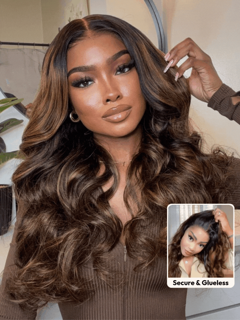A model displays the UNice 7x5 Bye Bye Knots Wig Glueless Lace Balayage Highlight Body Wave Wig, showing a model with long brown hair and brown eyes and body wave.
