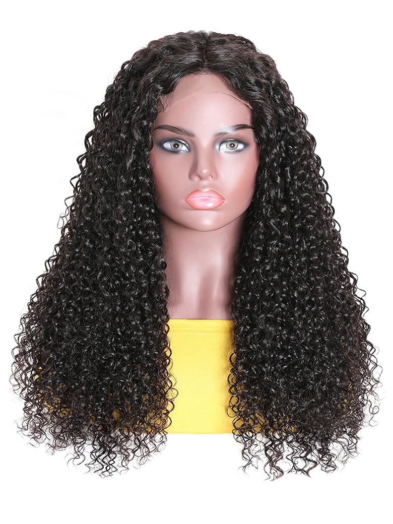 The UNice Middle Part Lace Kinky Curly wig 150% Density Natural Hairline Glueless wig product image shows a wig with curly hair on a mann and kinky curly texture, curly.