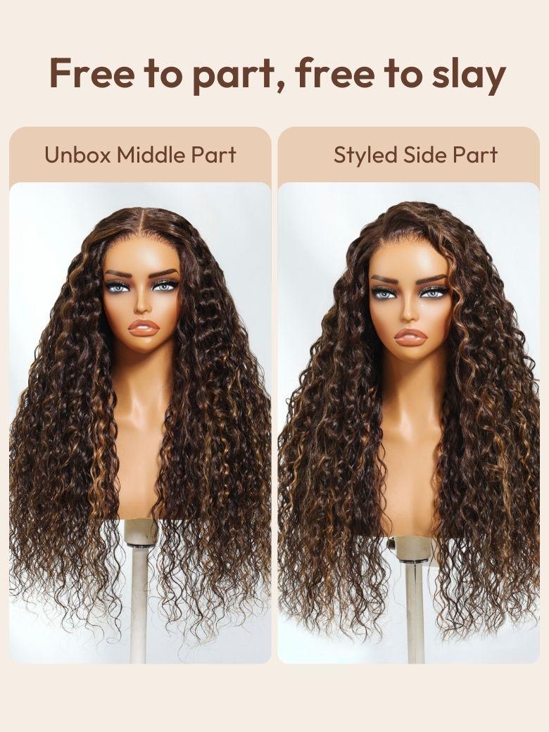 The UNice Invisi Drawstring " Bye Bye Knots 7x5 Lace Dark Toffee Brown with Auburn wig image highlights Free to part, free to slay, UnboxMiddlePart, StyledSidePart.