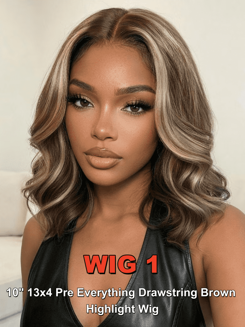 A model displays the UNice 2 wig Start for 20"-22" Lace wig And 13x4 Pre-Everything Drawstring Brown, showing a model with long blonde hair wearing a black leather vest.