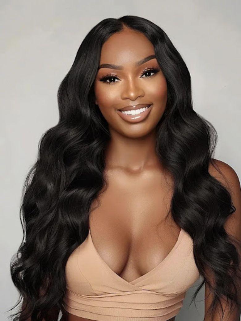 A model displays the UNice Pay 22" Get 24" 13x4 HD Lace ByeBye Cap Invisible Lace Wig Frontal Body Wave, showing a woman wearing a long black wig and body wave texture.