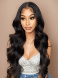 A model displays the UNice Natural Color Body Wave 4x4 Free Part Lace Closure, showing a model with long black hair wearing a white top and body wave texture, 4x4, lace.