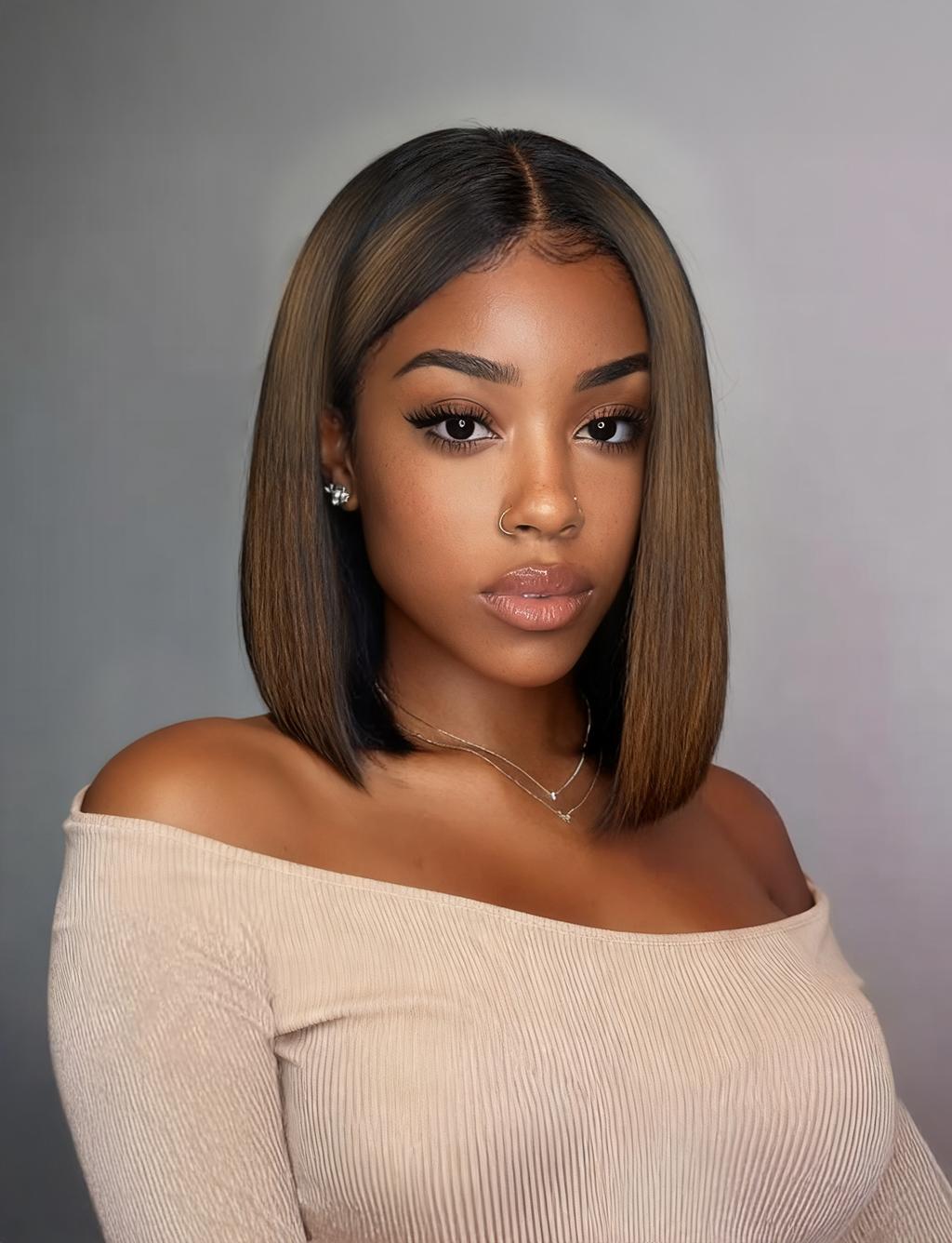 A model displays the UNice Bye Bye Slip 7x5 & 13x4 Lace Black to Chestnut Brown Ombre Yaki Bob Wig, showing a model with long hair wearing a beige sweater and yaki.