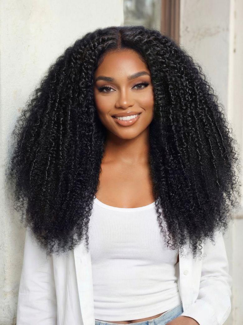 A model displays the UNice 7x5 Bye Bye Knots Glueless Lace Middle Part Micro Twist Curly Drawstring Wig, showing a model with long curly hair wearing a white shirt.