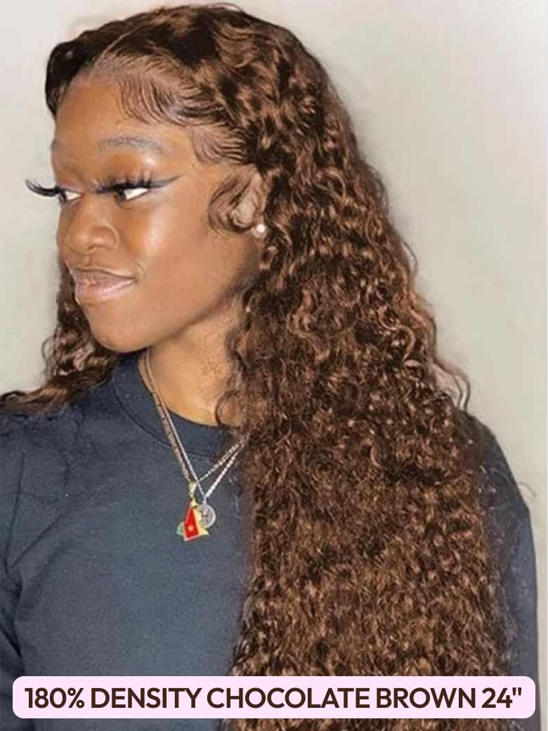 A model displays the UNice 200%/ 180% Density 13x4 Front Lace Chocolate Brown/ Honey Highlights/ Burnt wig, showing a model with long curly hair wearing a black top.