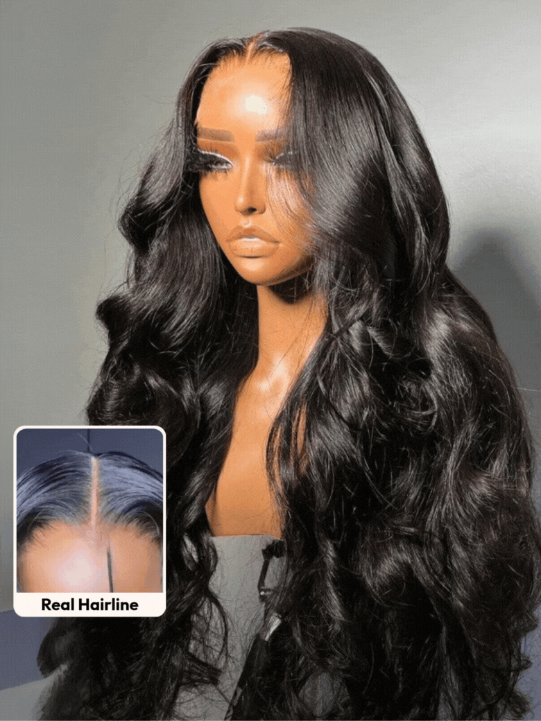 A model displays the UNice 7x5 Bye Bye Knots Glueless Body Wave Wig Pre Cut Lace Pre Plucked Hairline Put, showing a wig with long hair and a full wig and body wave.